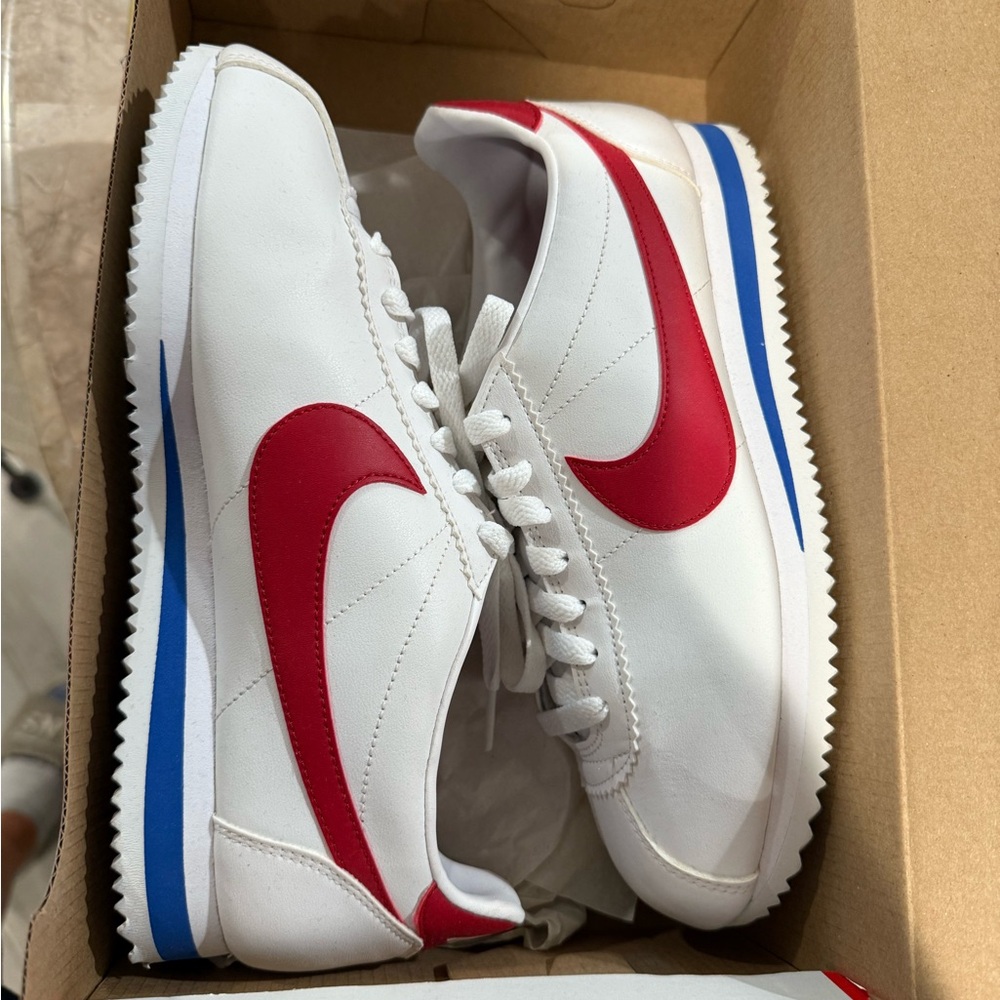 Nike Cortez White and Red Sneakers with Blue Detail